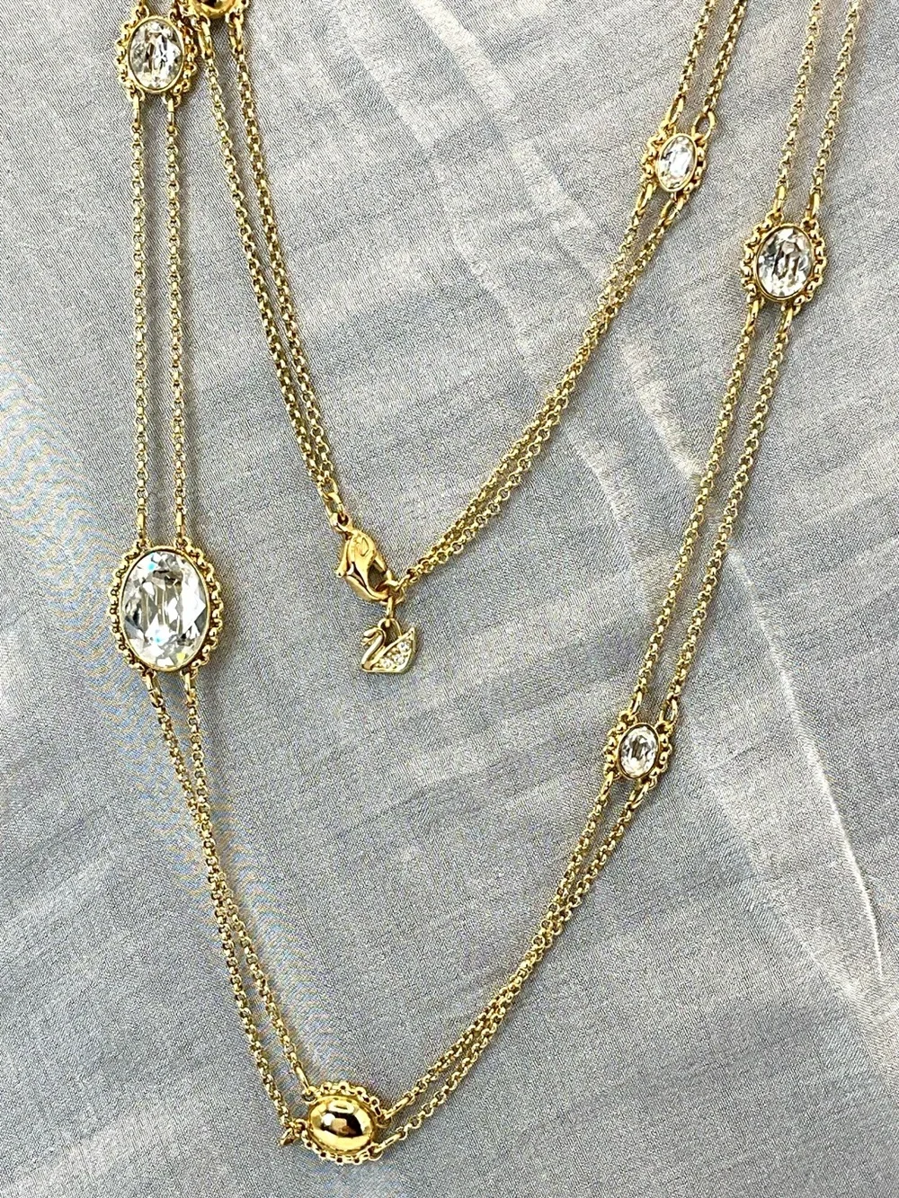 Swarovski Gold Long Station Double Strand Necklace with Clear Stones